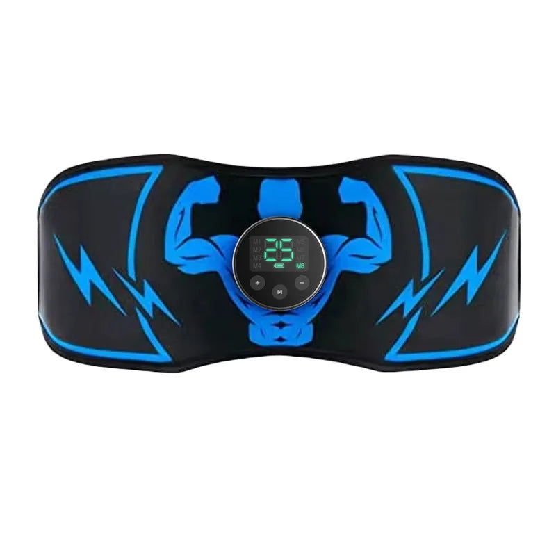 Blue EMS abdominal training belt with wireless remote control and arm stickers