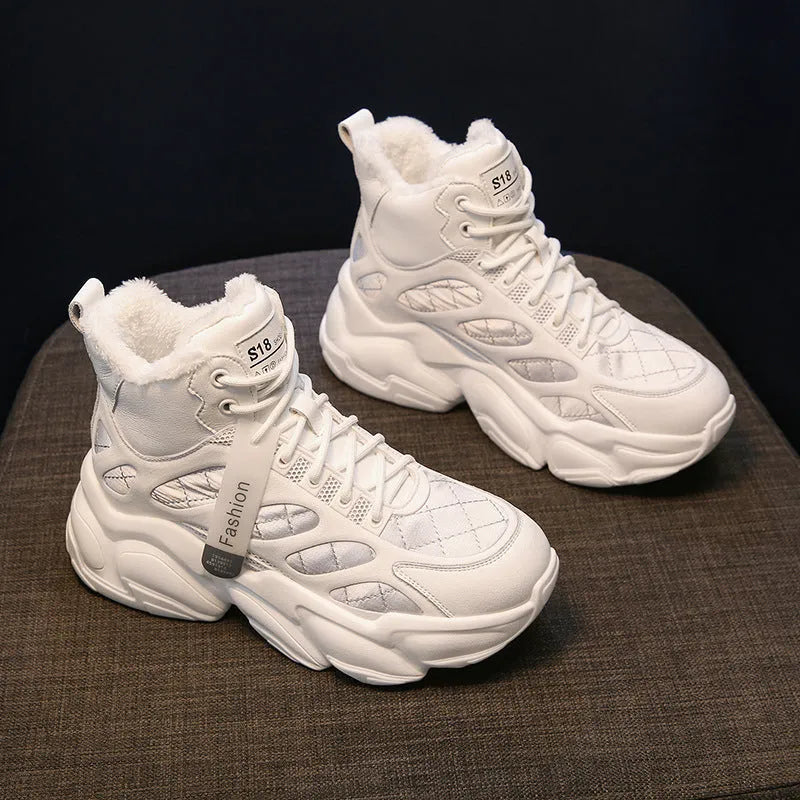 Women's high-top casual shoes with waterproof PU upper, non-slip rubber sole, and suede lining in beige
