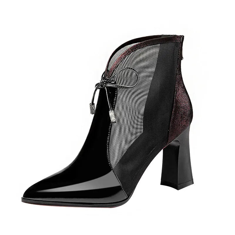 Patent leather mesh high heel boots in burgundy with pointed toe and back zipper