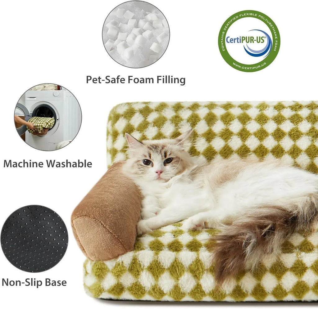 Checkered pet sofa bed for cats and small dogs with removable cover and non-slip bottom