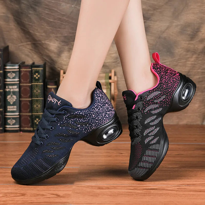 Spring summer mesh mid-heel dance shoes for women in black with round toe and soft sole
