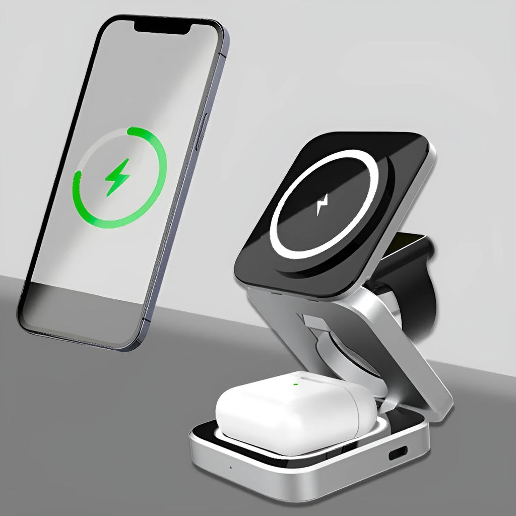 Folding three-in-one wireless charging bracket with magnetic ring on desktop