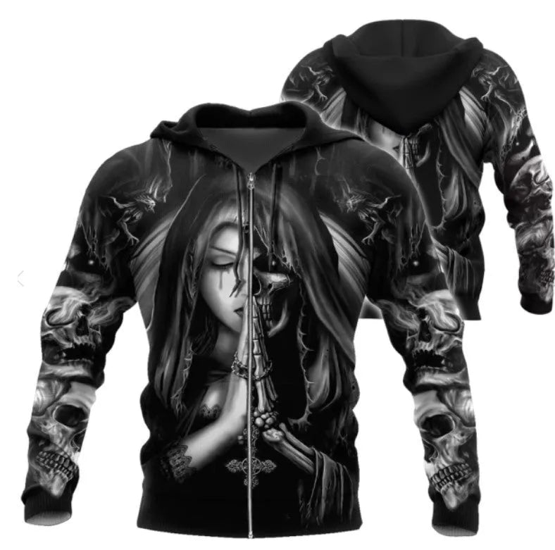 Halloween skull anime 3D printed hooded sweatshirt in one of three colour styles, shown on a model