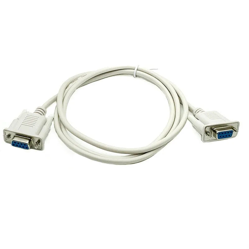 Milky white DB9 female to female RS232 serial cable with 1.5m length for null modem connections.
