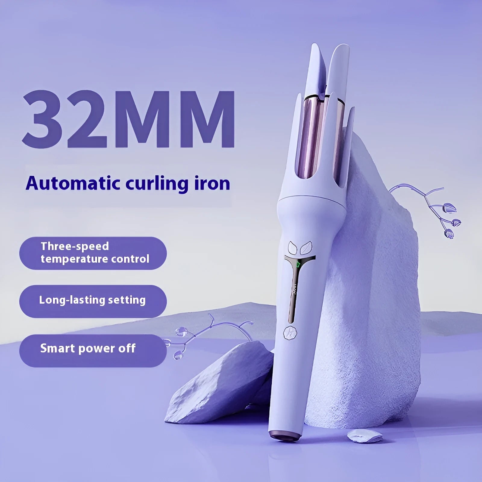 32mm automatic hair curler in pink or light purple with ceramic barrel, clips, and comb.