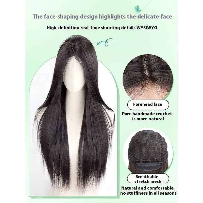 Female full-head wig with seamless forehead lace and fluffy high-temperature fibre hair in brown black colour