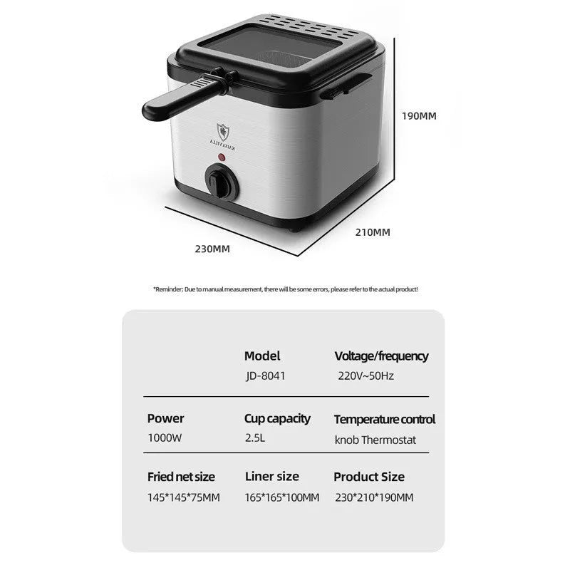 Silver 2.5L electric deep fryer with detachable basket on a kitchen countertop.