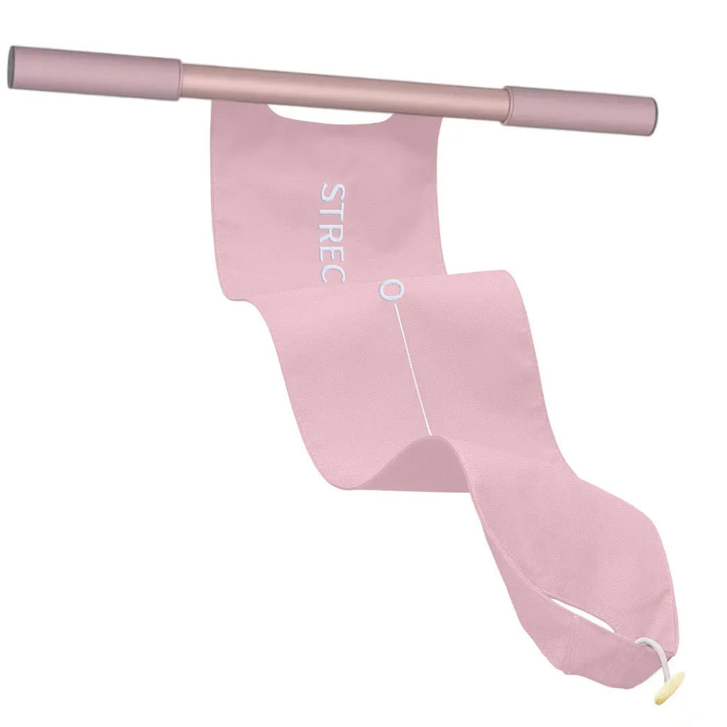 Grey and pink yoga stretching tool for open shoulder, back and hip flexibility.