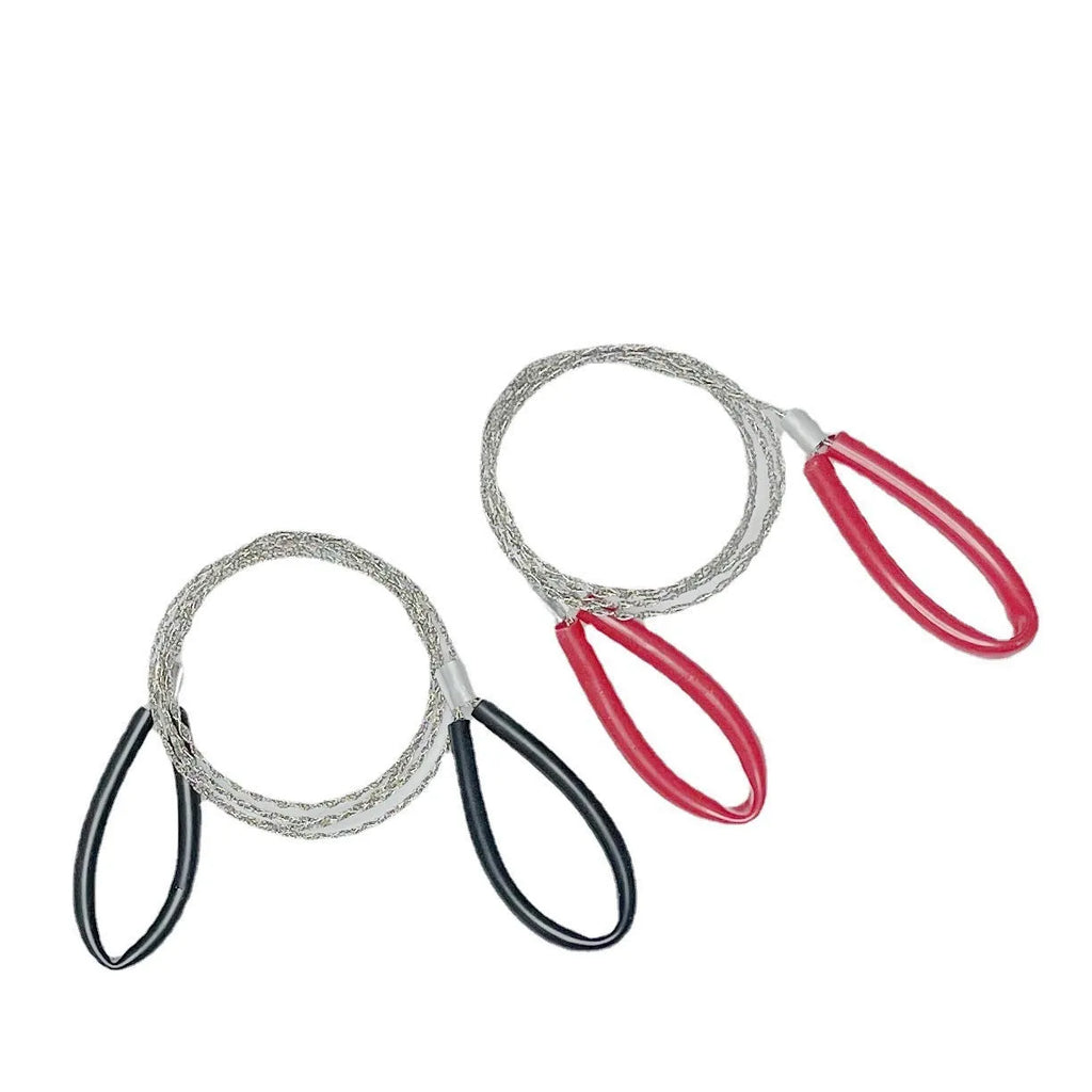 Black and red survival wire saw with leather case on a wooden background, showing its extended length.