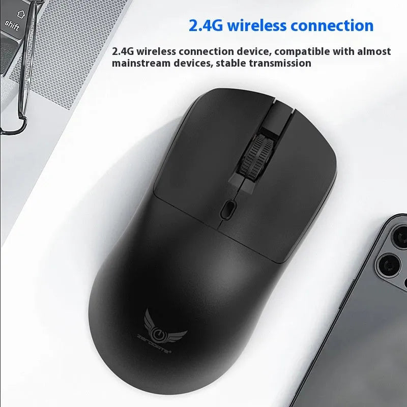 Black wireless mouse with three DPI settings and audio control button for laptop computers