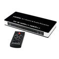 Black HDMI video switch with four input ports, remote control, and 10-metre cable for audio-visual setups
