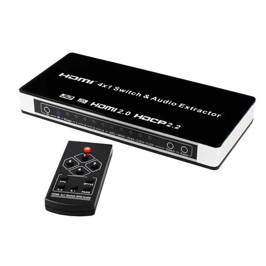Black HDMI video switch with four input ports, remote control, and 10-metre cable for audio-visual setups