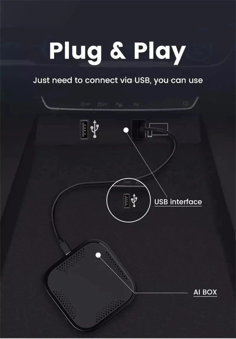 Black plastic CarPlay Android Auto conversion box with data cable for factory head unit smartphone integration