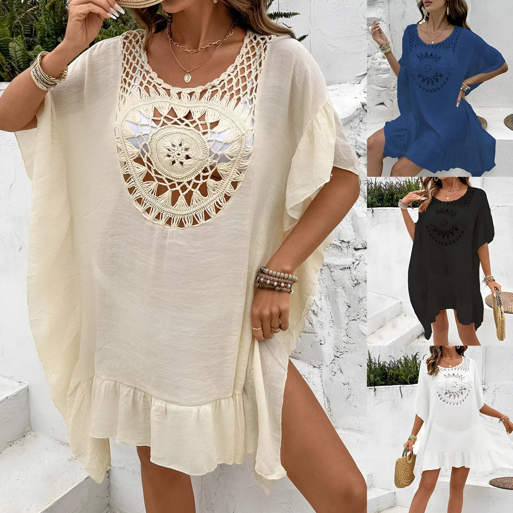 Apricot coloured beach dress with crochet stitching and tassel trim on patchwork skirt