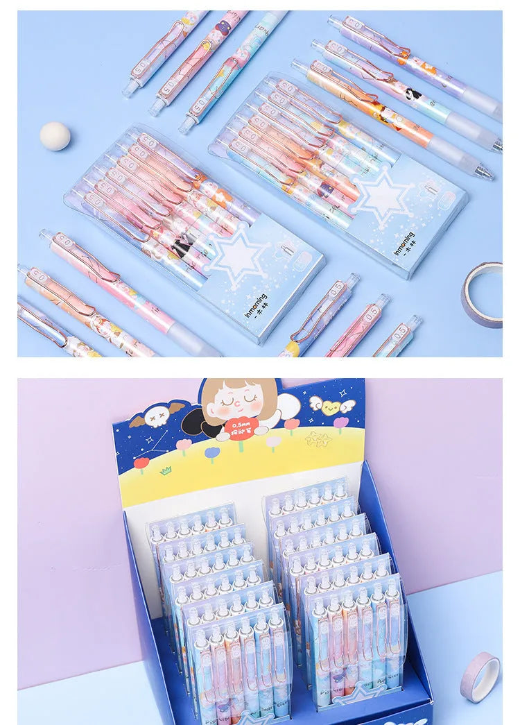 Set of six constellation-themed press gel pens with 0.5mm tips and cartoon zodiac designs.