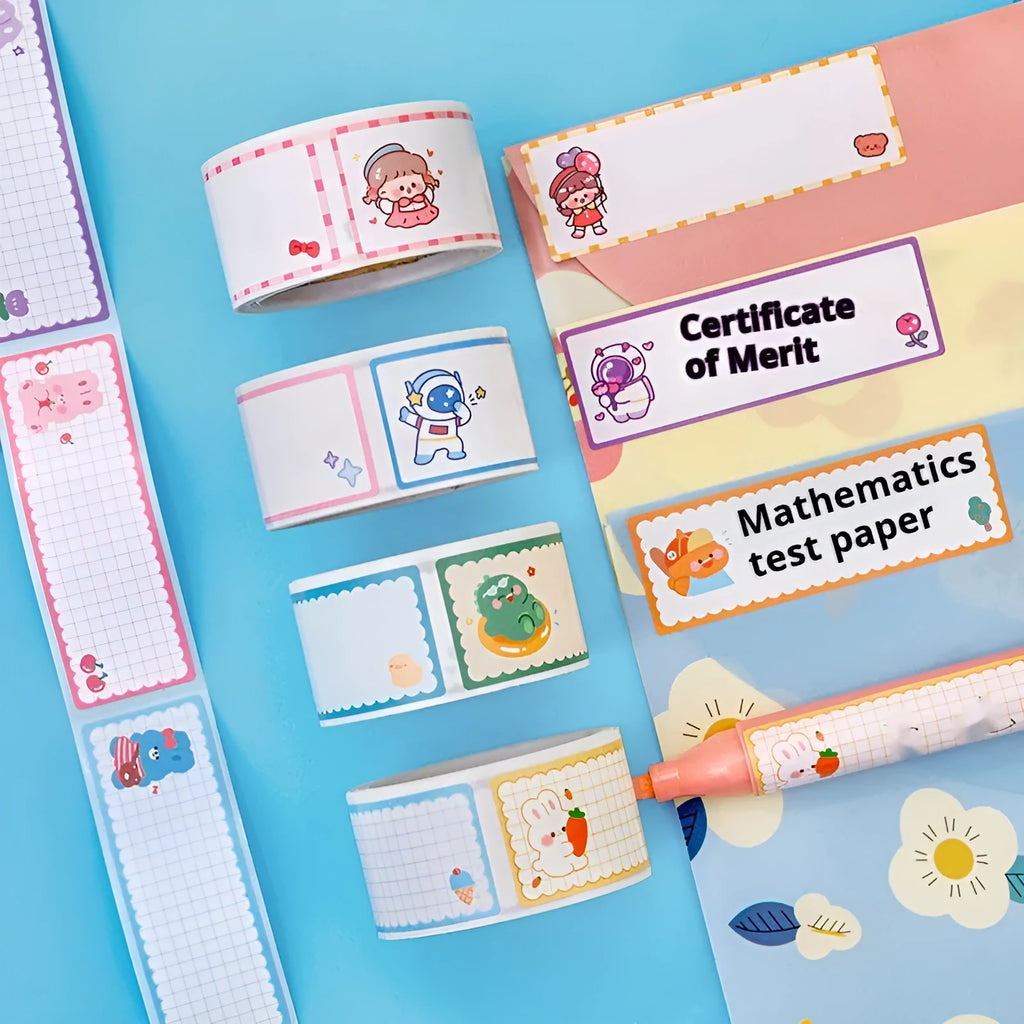 Roll of 60 colourful cartoon name stickers featuring dinosaur, astronaut, rabbit, and girl character designs