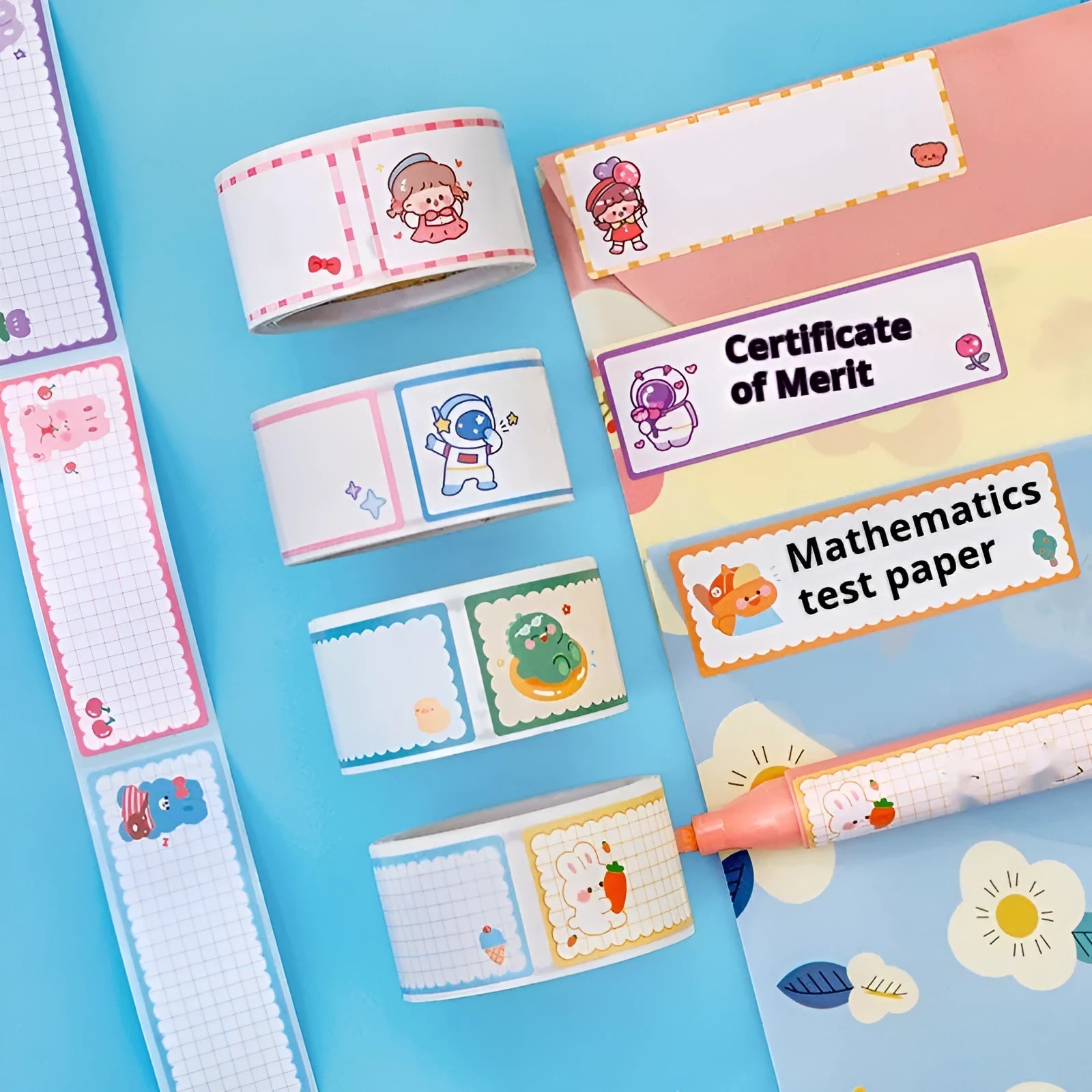 Roll of 60 colourful cartoon name stickers featuring dinosaur, astronaut, rabbit, and girl character designs