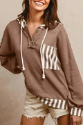 Straw yellow waffle texture hoodie with striped patchwork and button neck closure