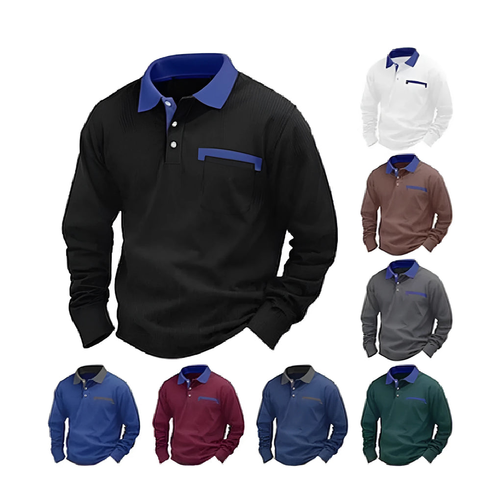 Men's long-sleeved waffle polo shirt in a solid colour with an asymmetrical retro style detail.