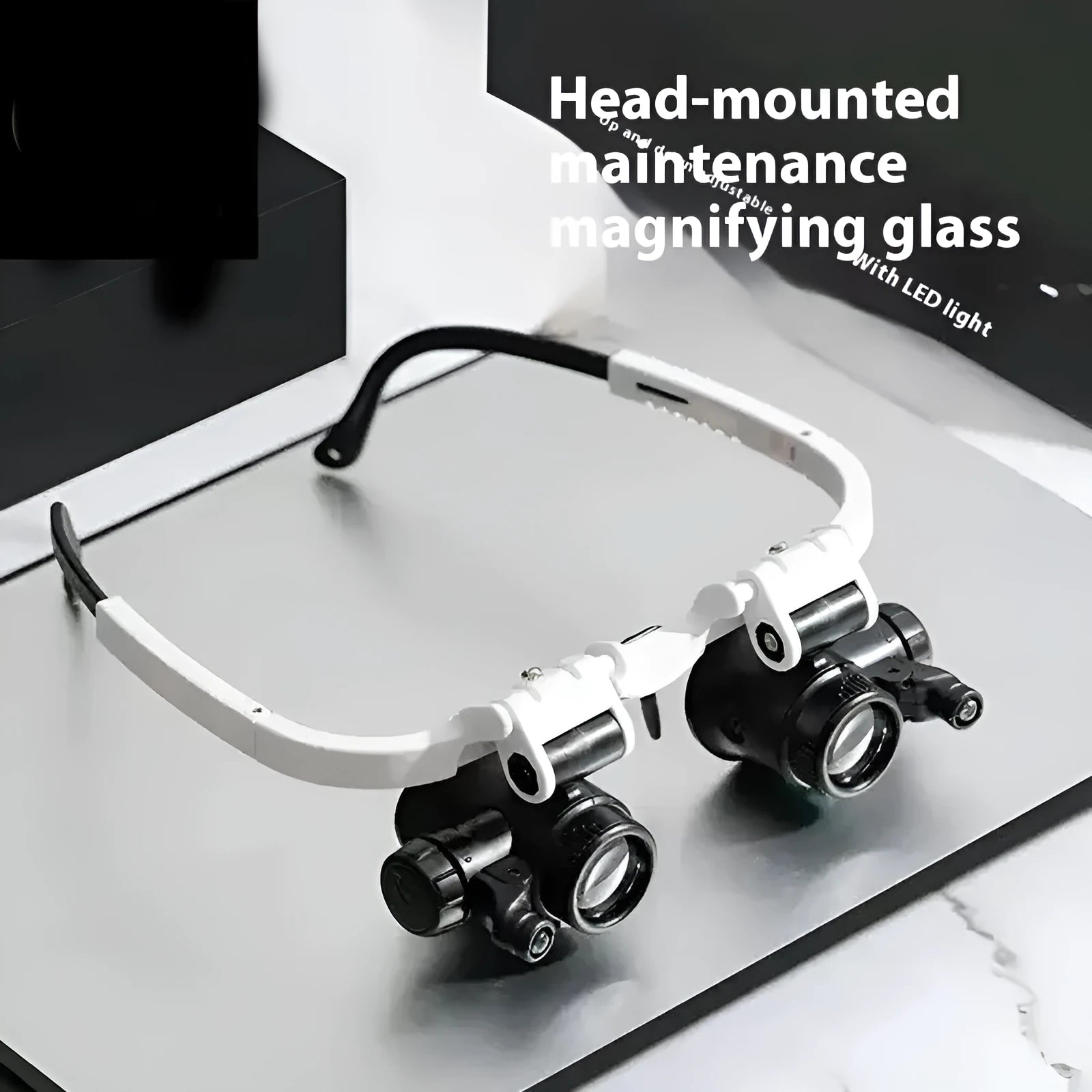 White foldable head-mounted magnifying glass with LED light for close-up repair work.