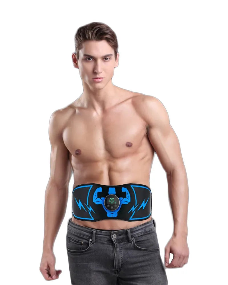 Blue EMS abdominal training belt with wireless remote control and arm stickers