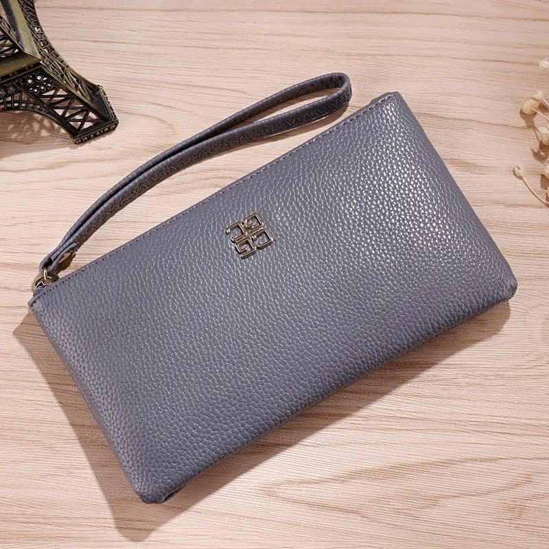Long 55-inch chain PU leather wallet handbag with a zipper, shown in a choice of colours.