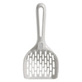 Grey plastic cat litter scoop with base stand showing drainage holes and ergonomic handle
