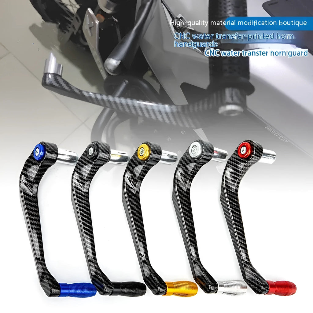 A pair of motorcycle hand guard accessories in aluminium alloy with a water transfer printing finish.