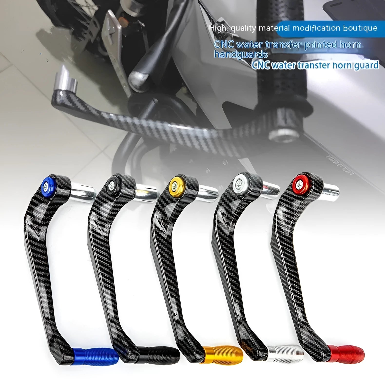 A pair of motorcycle hand guard accessories in aluminium alloy with a water transfer printing finish.