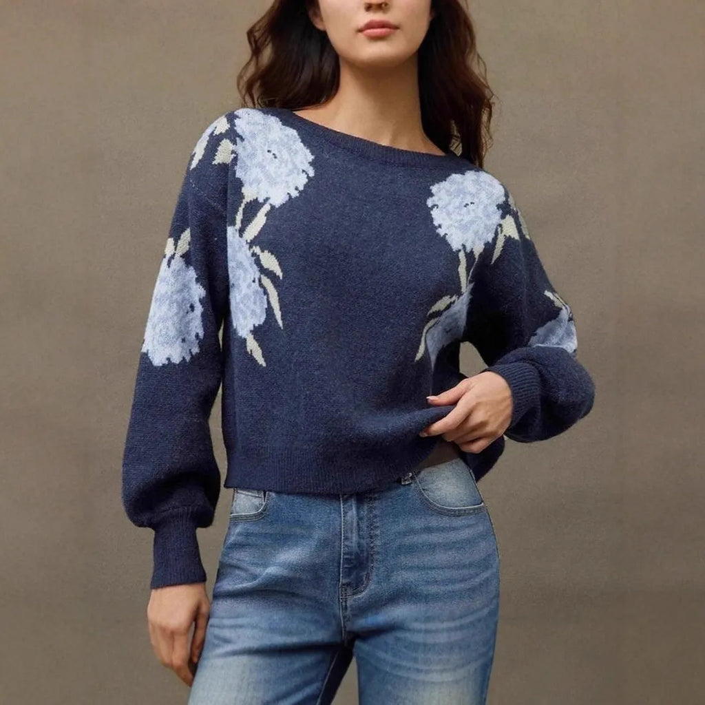 Women's sapphire blue floral jacquard pullover sweater with loose casual fit and chenille fabric