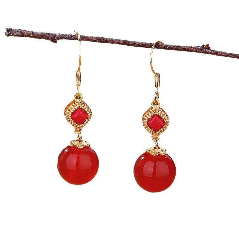 Southern red agate round bead earrings with S925 silver inlaid jasper geometric design