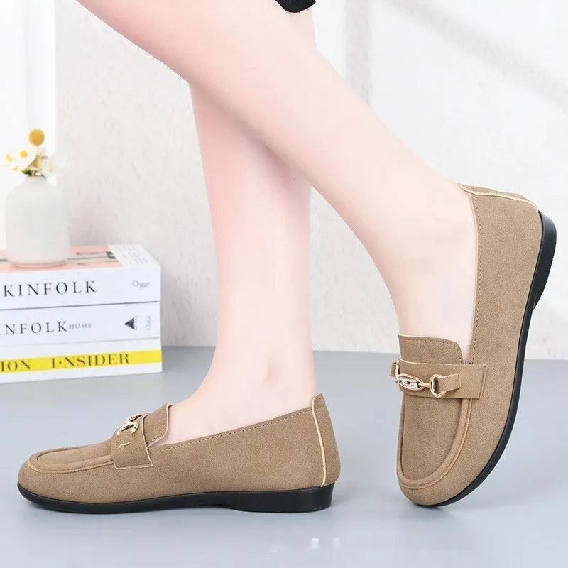 Gommino women's black slip-on casual loafers with round toe and flat rubber sole