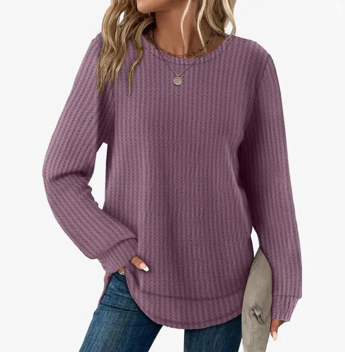 Waffle Loose Round Neck High and Low Curved Hem Top in Solid Colour Pullover with Plaid Pattern for Casual Commute Wear Available in Dark Khaki Gray Sea Blue Dark Purple Green Sizes S M L XL XXL