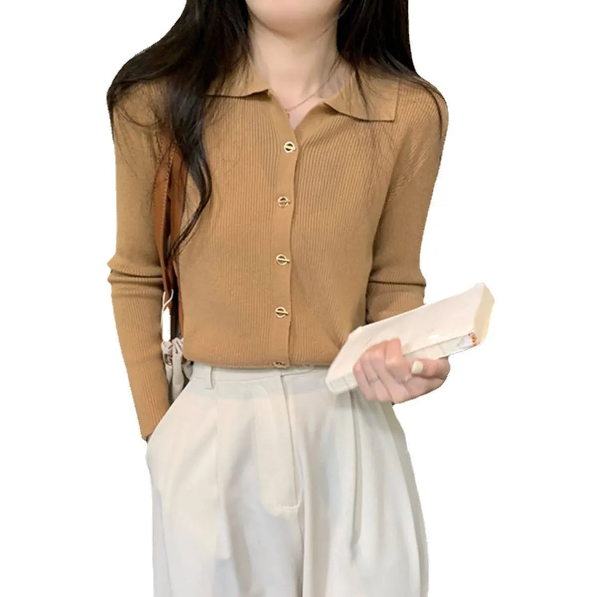 Long-sleeved loose fit knitted cardigan top in viscose fabric shown in beige colour