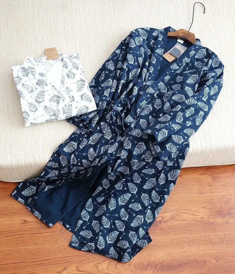 Men's cotton nightgown with leaf pattern in navy blue, home wear long sleeve