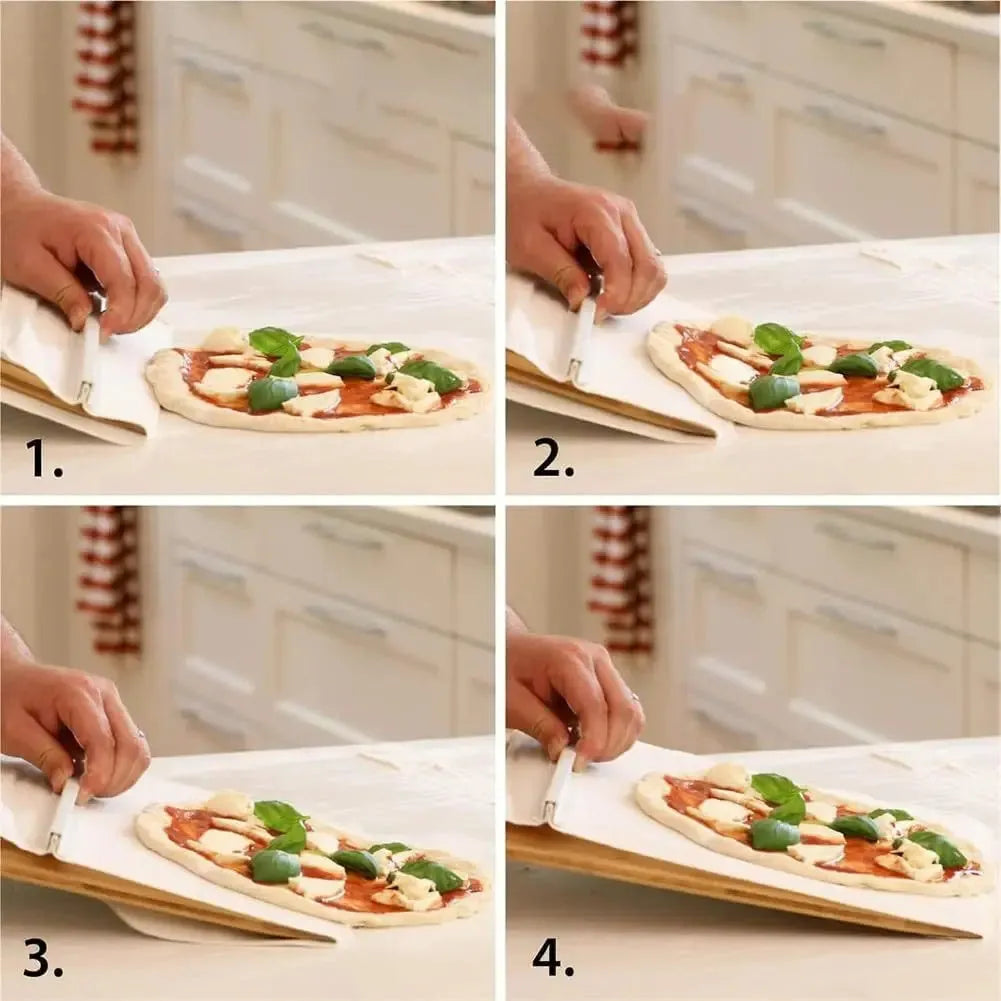 Food-grade PP plastic pizza transfer shovel on a kitchen counter, showing its size and hanging hole.