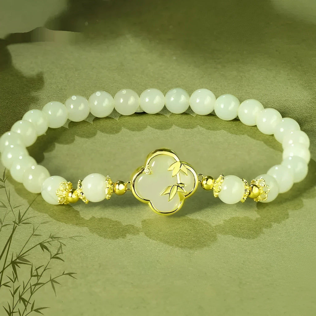 Hetian jade bracelet and necklace set with leaf design in bamboo green tone