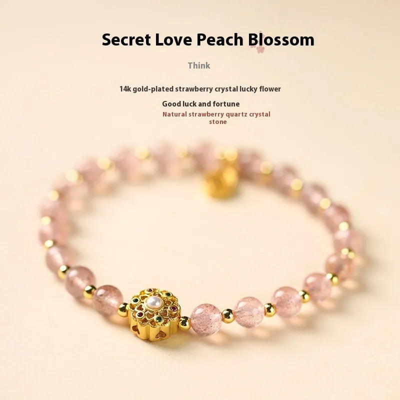 Hand-woven gray moonstone crystal bracelet with sunstone and strawberry quartz 6mm beads showing sun moon elements