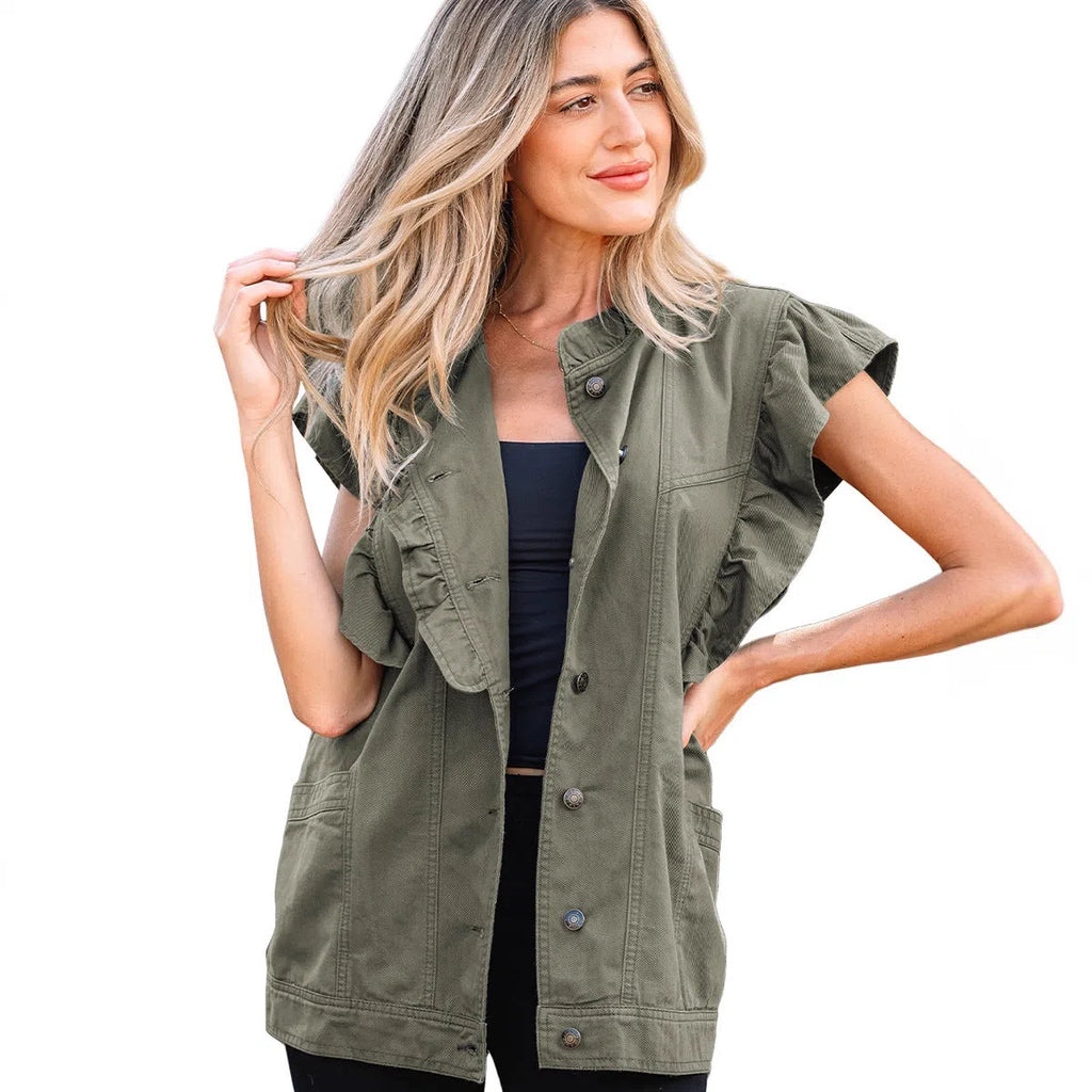 Green Bay ruffled patchwork denim jacket vest for women made from 100% cotton