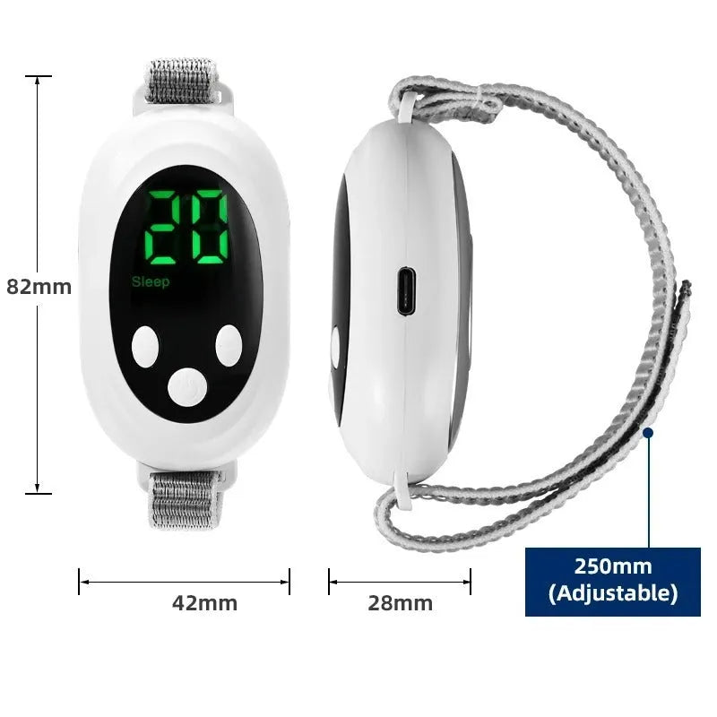 White intelligent sleep aid device handheld remote control with sleep bracelet on a dark background.