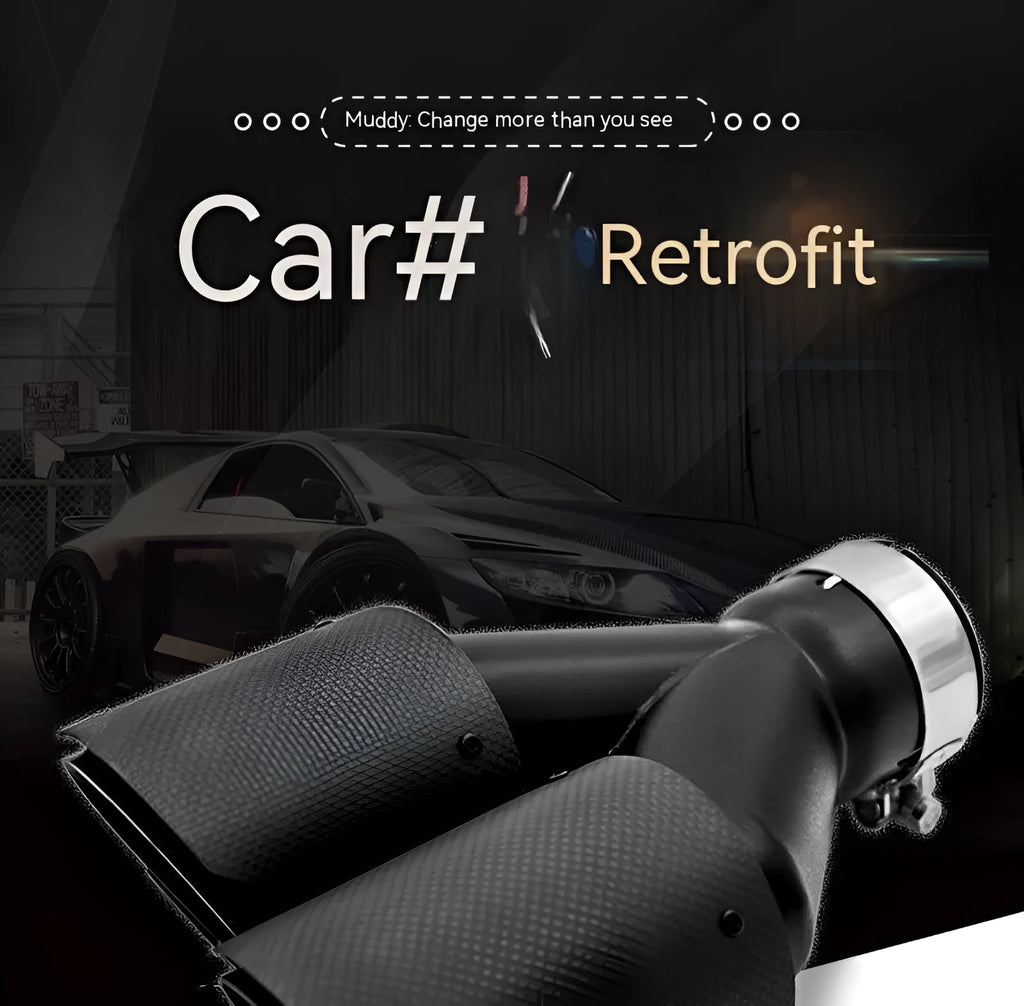 Black carbon fibre car exhaust pipe with dual outlet silencer, 250 mm long