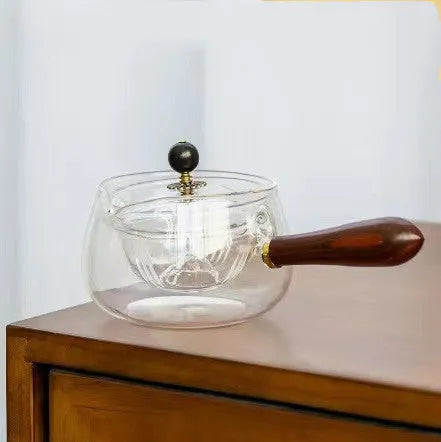 Semi-automatic rotary glass teapot with wooden handle and infuser in transparent borosilicate glass
