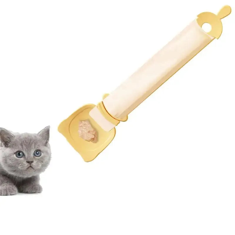 Cat strip feeder spoon in orange, green, and white, 27 x 6.5 cm reusable treat dispenser
