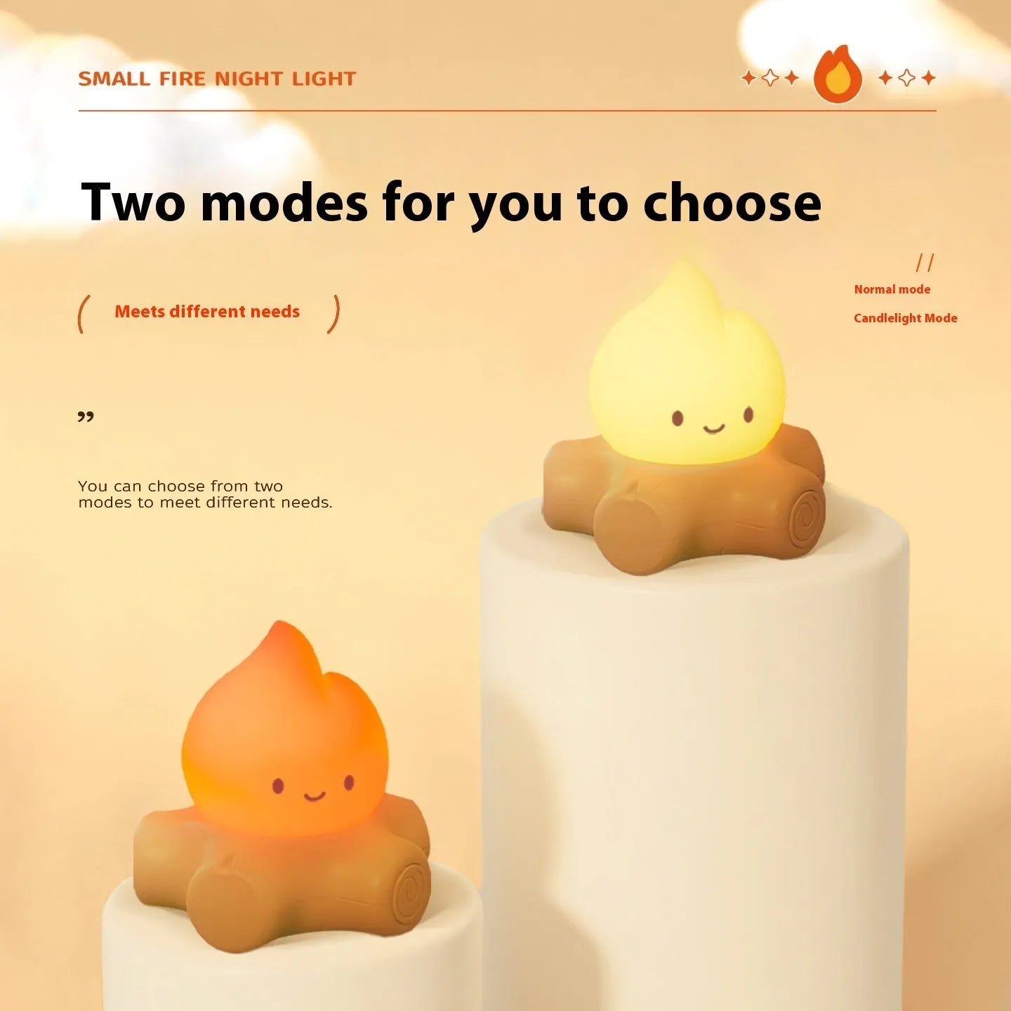 Small silicone fire pile cartoon night lamp with yellow light, showing compact design and ABS shade.