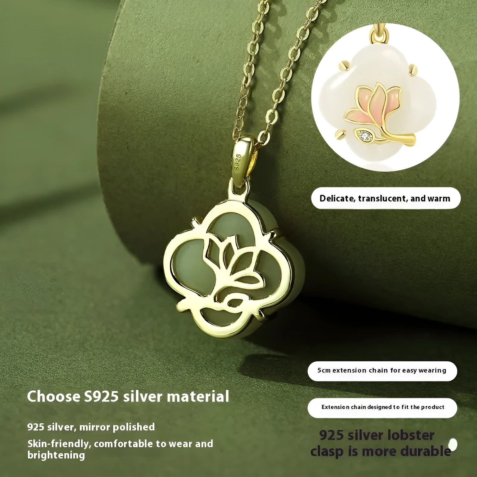 S925 sterling silver Magnolia flower necklace, bracelet, and earrings set with inlaid Hetian jade.
