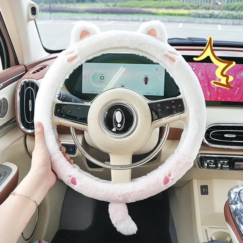 Plush thermal car steering wheel cover with embroidered cartoon panda design, shown fitted on a 38cm wheel.