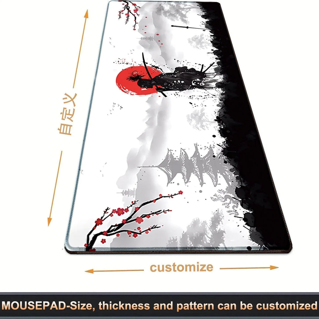 Japanese samurai themed cloth gaming mouse pad with non-slip base on a desk.