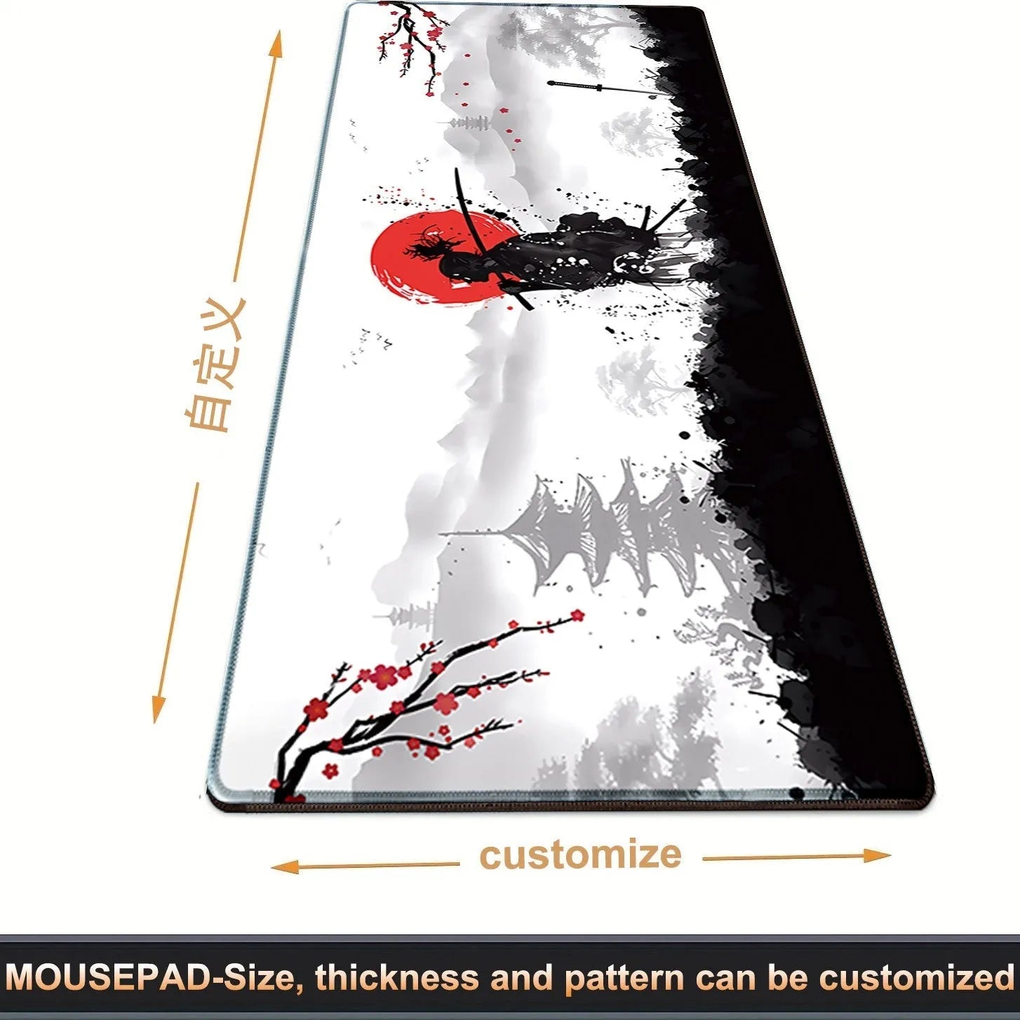 Japanese samurai themed cloth gaming mouse pad with non-slip base on a desk.