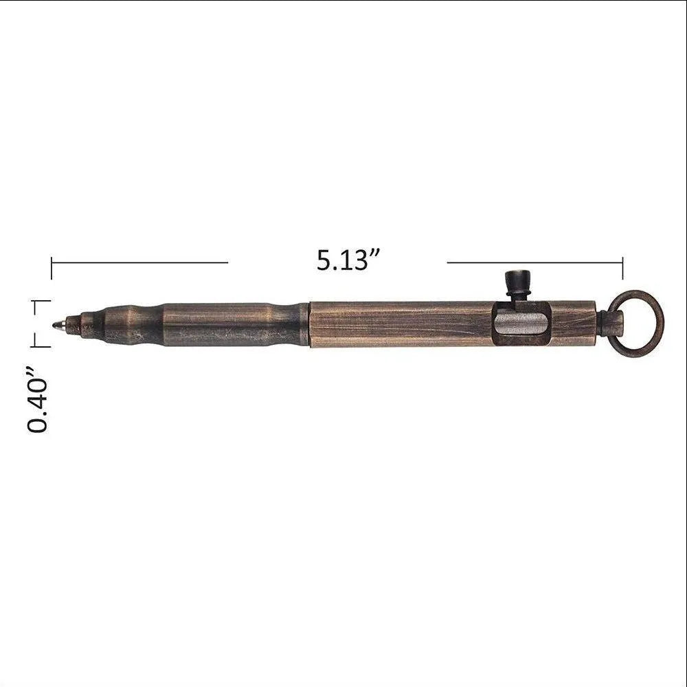 Brass tactical pen with hexagonal bolt pattern showing natural colour finish and precise machining details