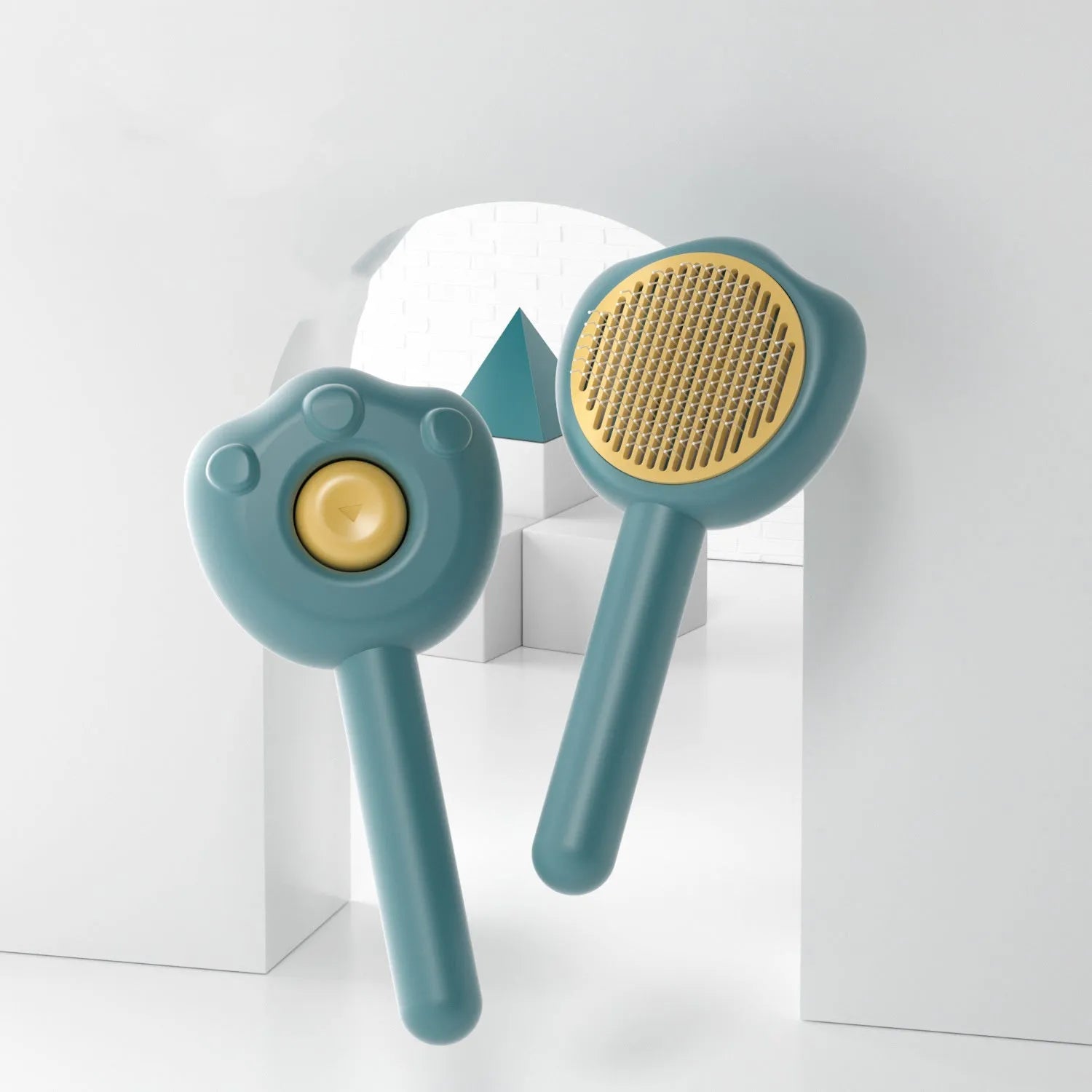 Self-cleaning pet grooming comb with removable hair plate in blue, green or yellow colours